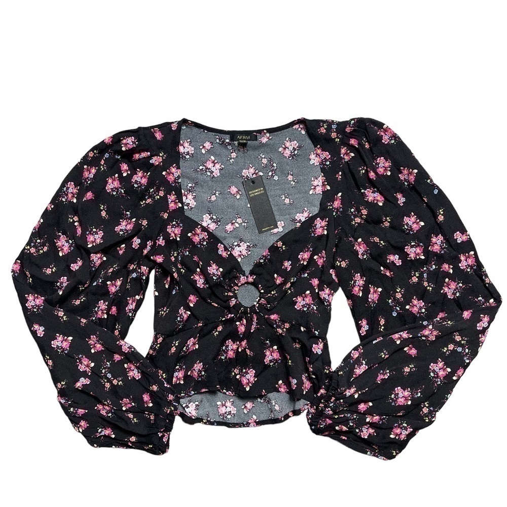 AFRM Black Floral Print Long Sleeve Crop Blouse XS